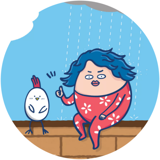 Illustration of the cartoon egg character Hello Dumpty and a chick sitting on a brick wall.